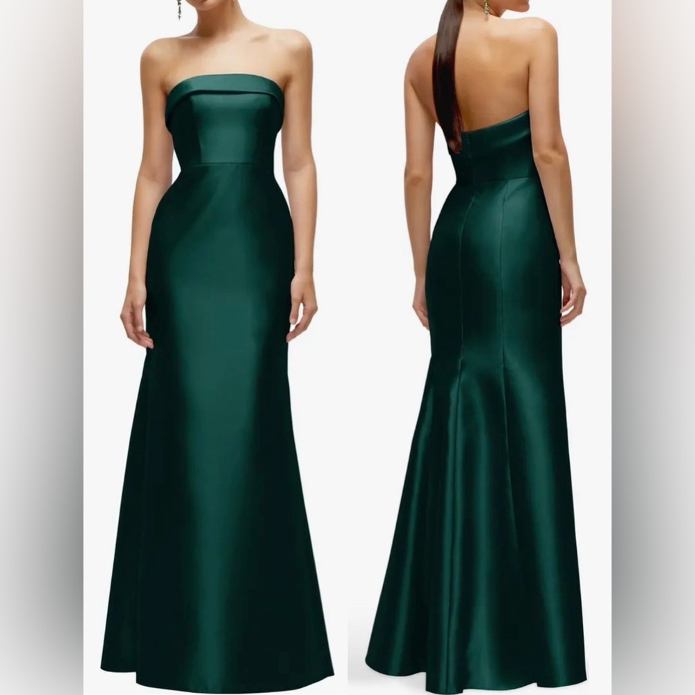 New ALFRED SUNG Strapless Satin Trumpet Evergreen green Gown Sz 8